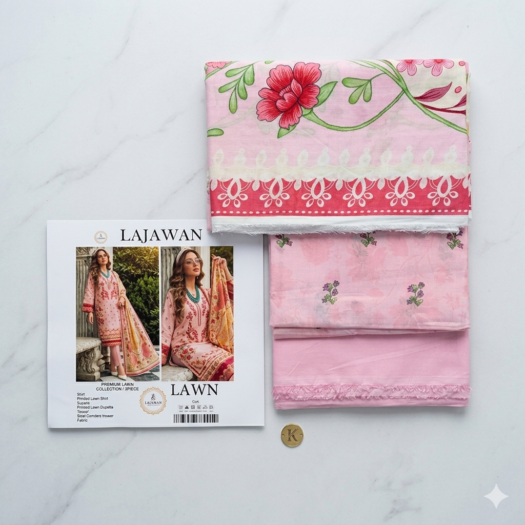 3 Piece Unstitched Premium Lawn Suit with Printed Dupatta by Lajwana