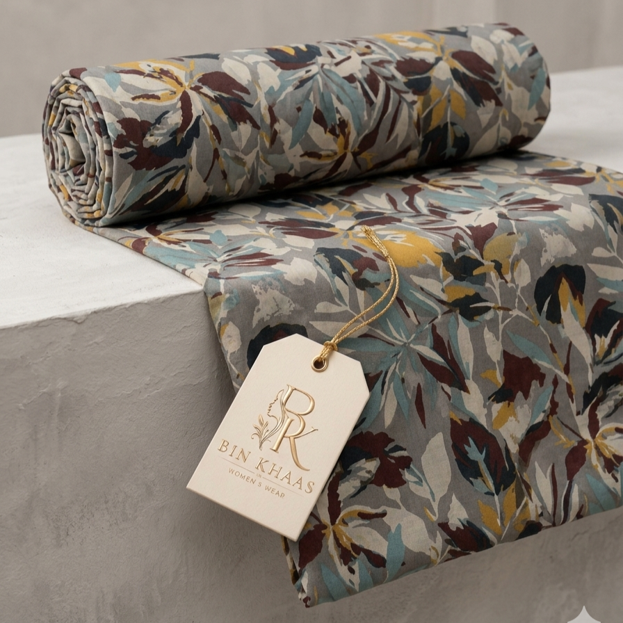 2-Piece Unstitched Premium Lawn Suit – Sage Grey Abstract Foliage Print