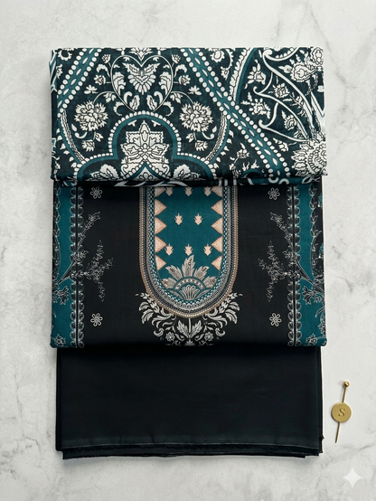 Deep Black & Teal Traditional Unstitched 3-Piece Lawn Dress – Luxury Summer Collection by Lajwana