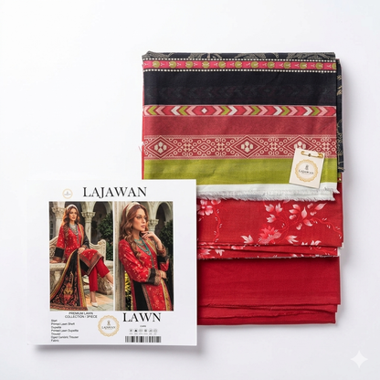 Lajwana Premium Unstitched 3-Piece Lawn Suit – Crimson Red & Charcoal Dupatta