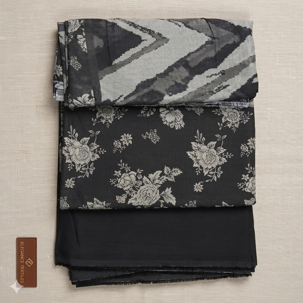 Midnight Black 3 Piece Unstitched Premium Lawn Suit with Chevron Patterned Dupatta by Regalia