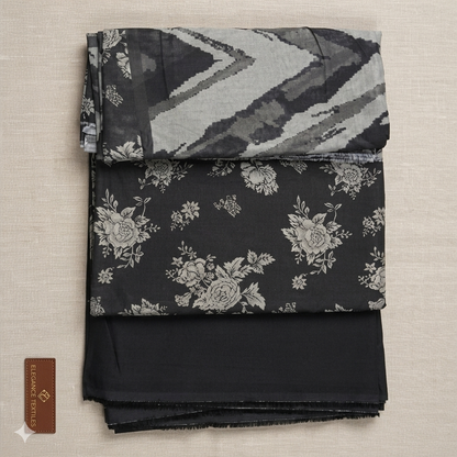 Midnight Black 3 Piece Unstitched Premium Lawn Suit with Chevron Patterned Dupatta by Regalia