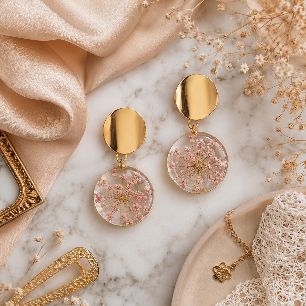 Gold-Tone Pressed Flower Drop Earrings