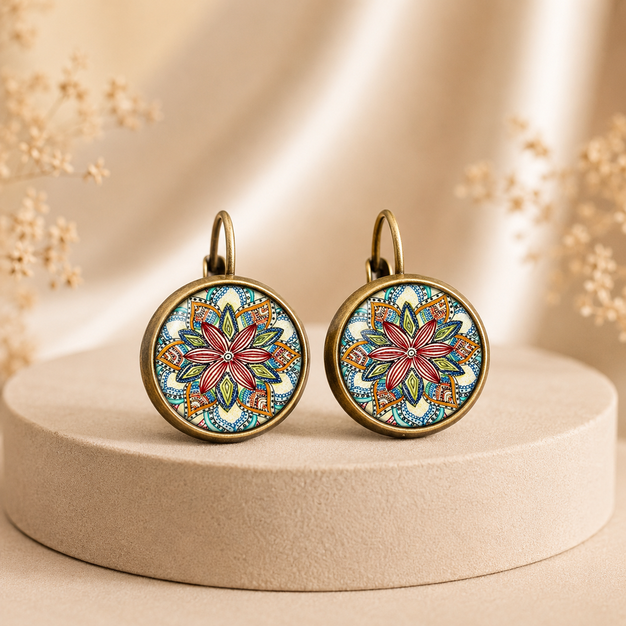 Vintage Mandala Cabochon Earrings
