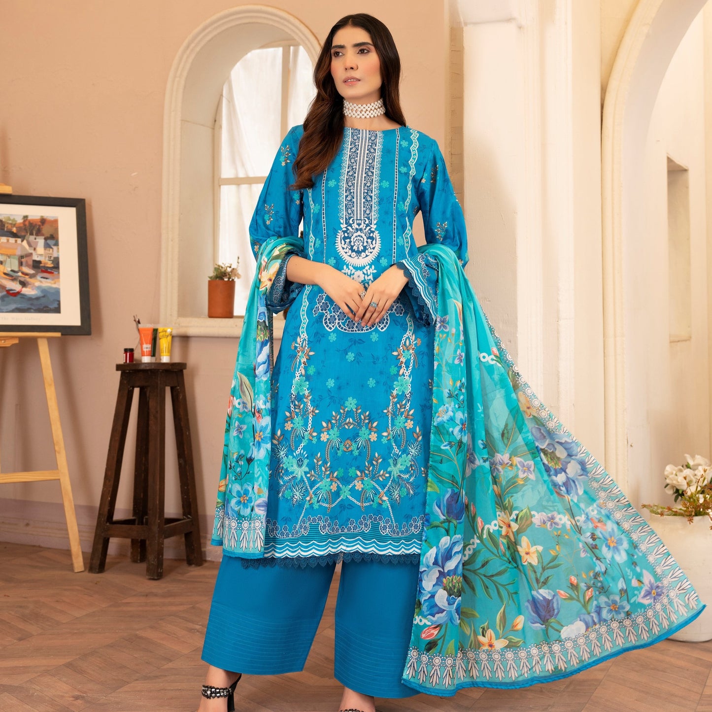 Lala Afreen Summer Lawn 3pc Unstitched Dress – Ferozi Turquoise & Ivory Ethnic Print