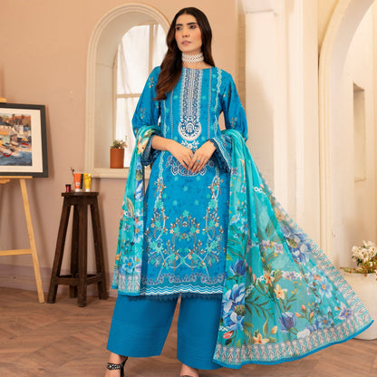 Lala Afreen Summer Lawn 3pc Unstitched Dress – Ferozi Turquoise & Ivory Ethnic Print