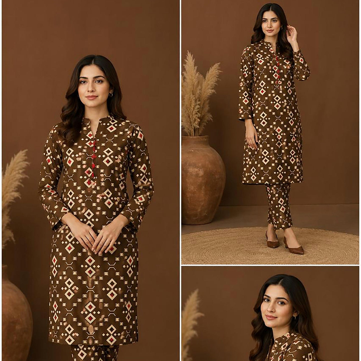 Deep Brown Ethnic Geometric Unstitched 2-Piece Lawn Suit – Bareeze By Amal