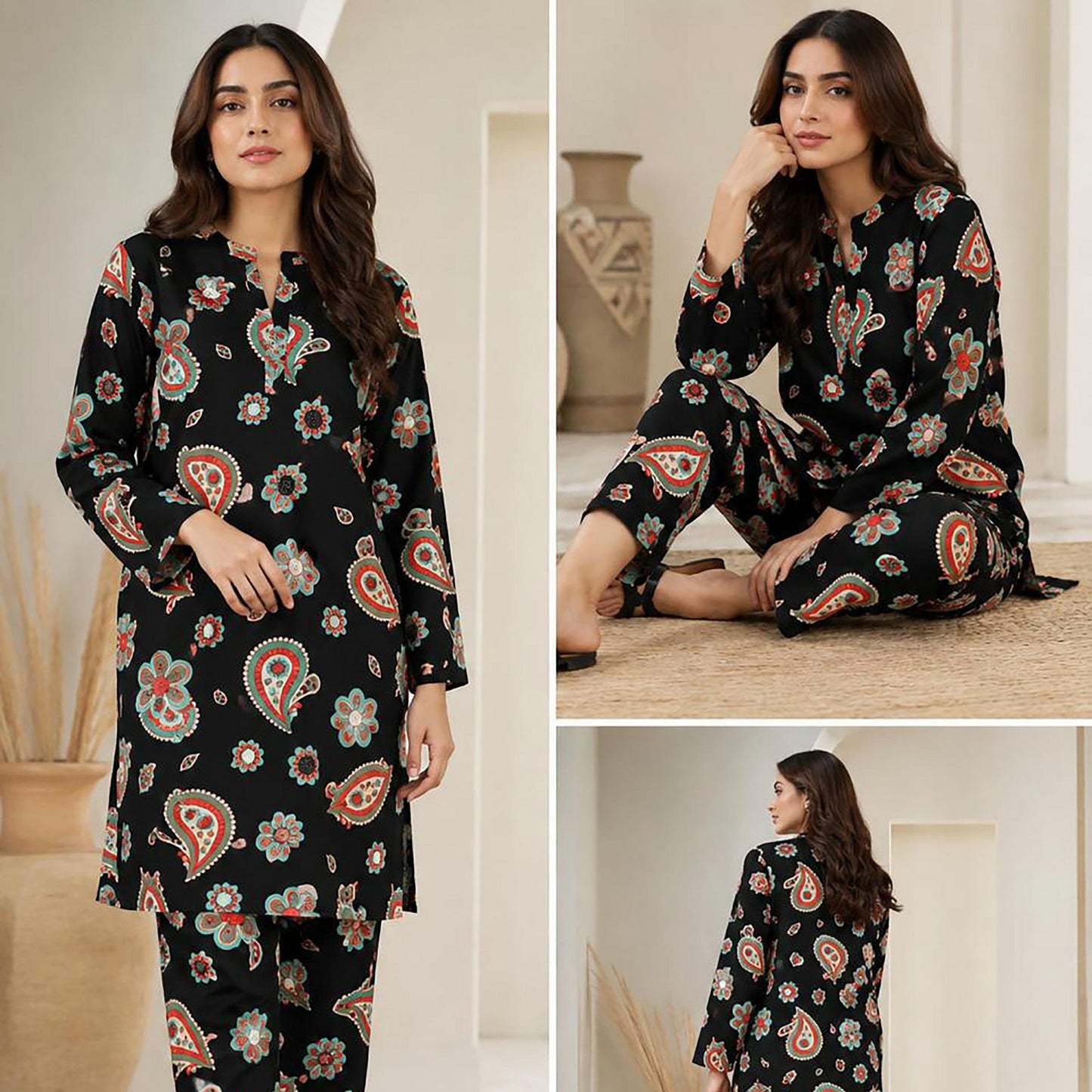 Jet Black Ethnic Paisley Unstitched 2-Piece Suit – Bareeze By Amal