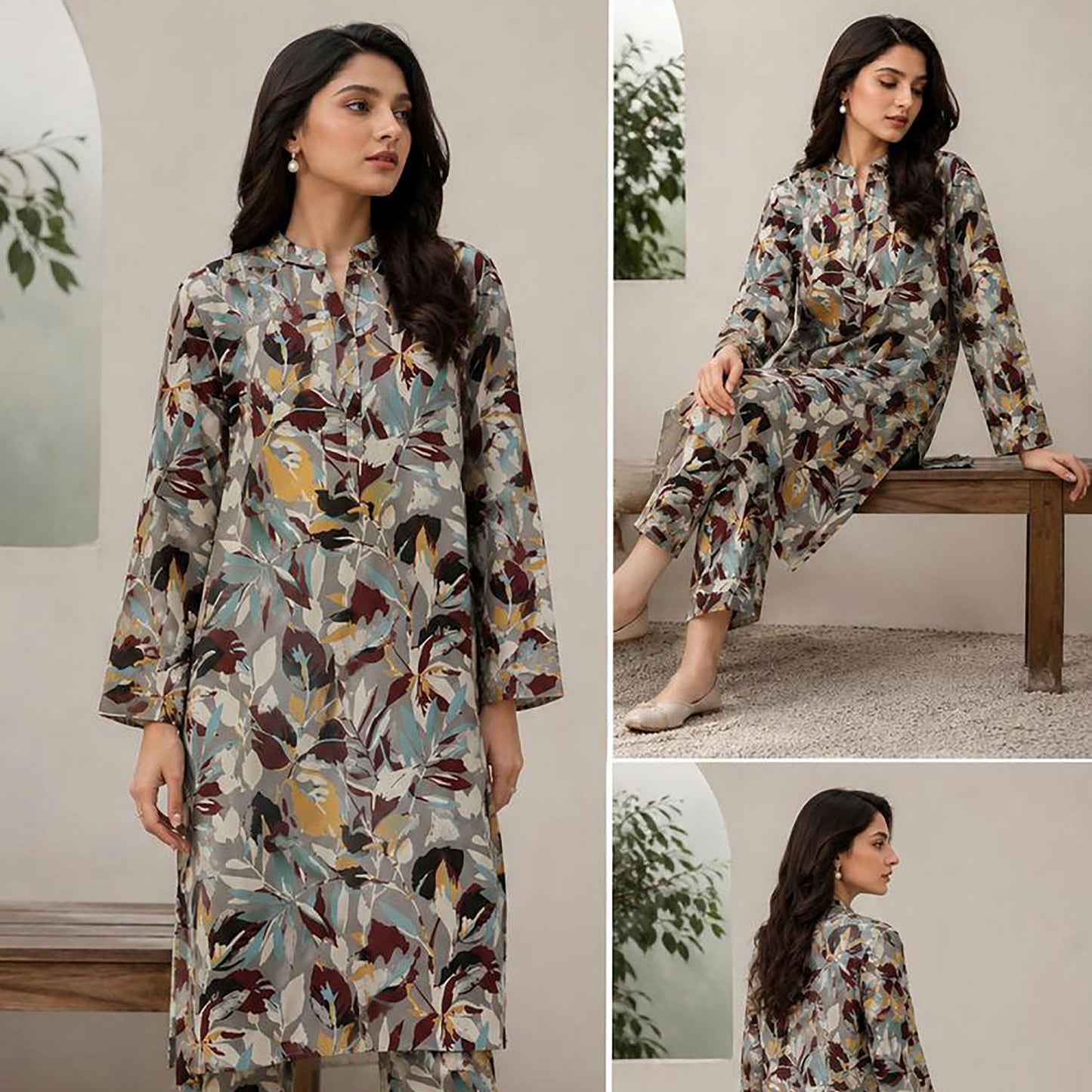 2-Piece Unstitched Premium Lawn Suit – Sage Grey Abstract Foliage Print