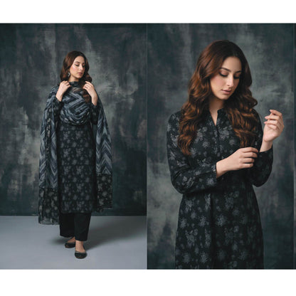 Midnight Black 3 Piece Unstitched Premium Lawn Suit with Chevron Patterned Dupatta by Regalia