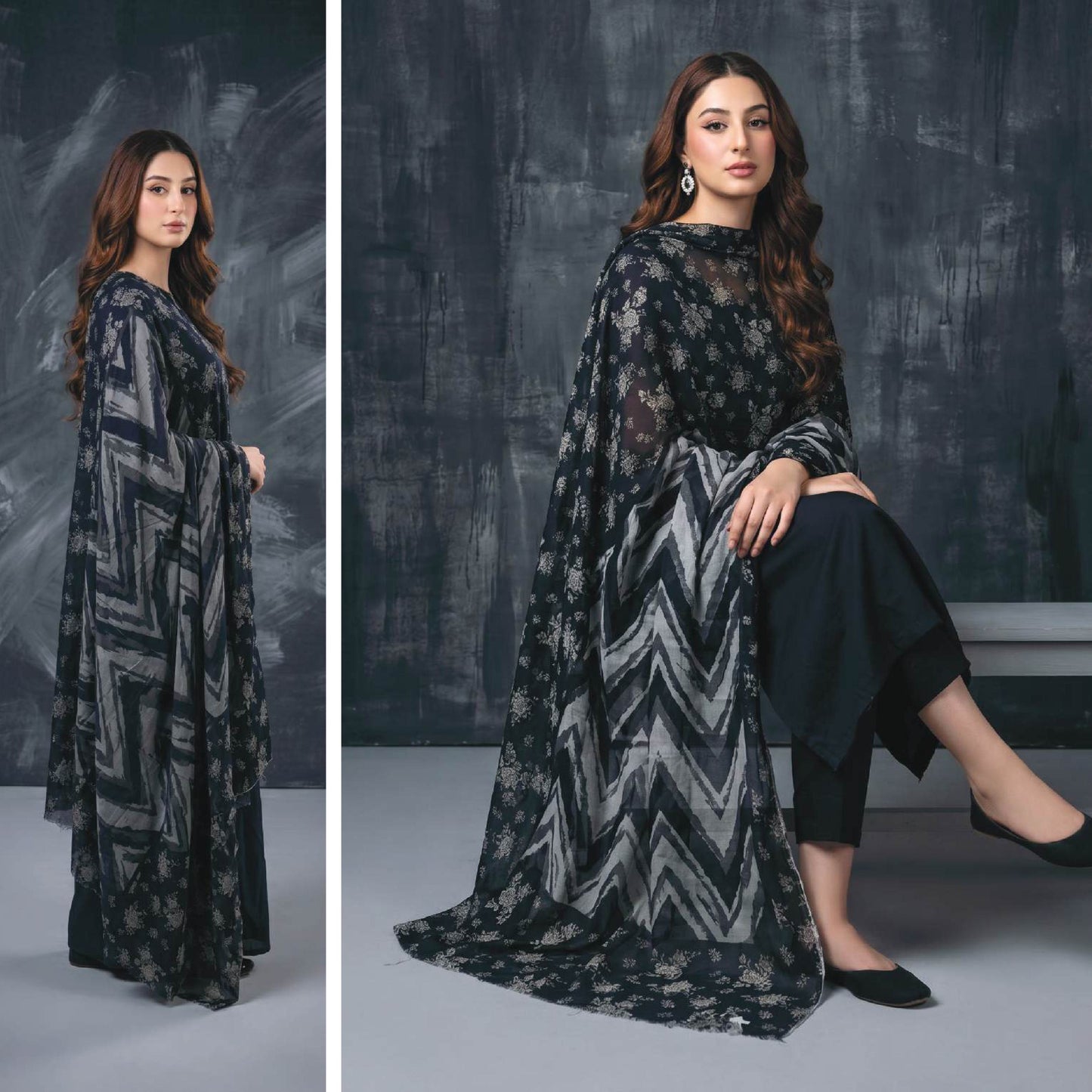 Midnight Black 3 Piece Unstitched Premium Lawn Suit with Chevron Patterned Dupatta by Regalia