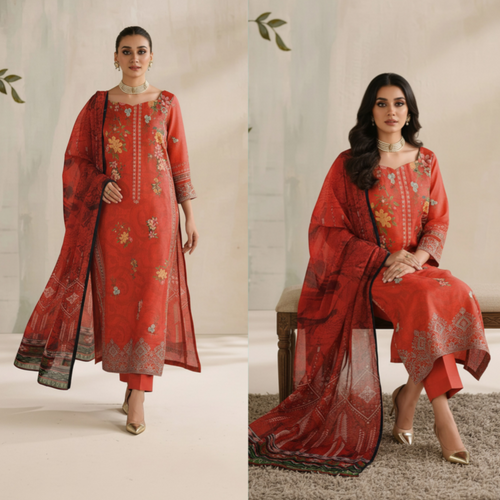 Rust Red 3 Piece Unstitched Premium Lawn Suit with Embroidered Patches by Fiza Noor