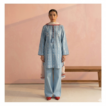 Powder Blue 3 Piece Unstitched Premium Lawn Suit with Contrast Dupatta by Pareesa