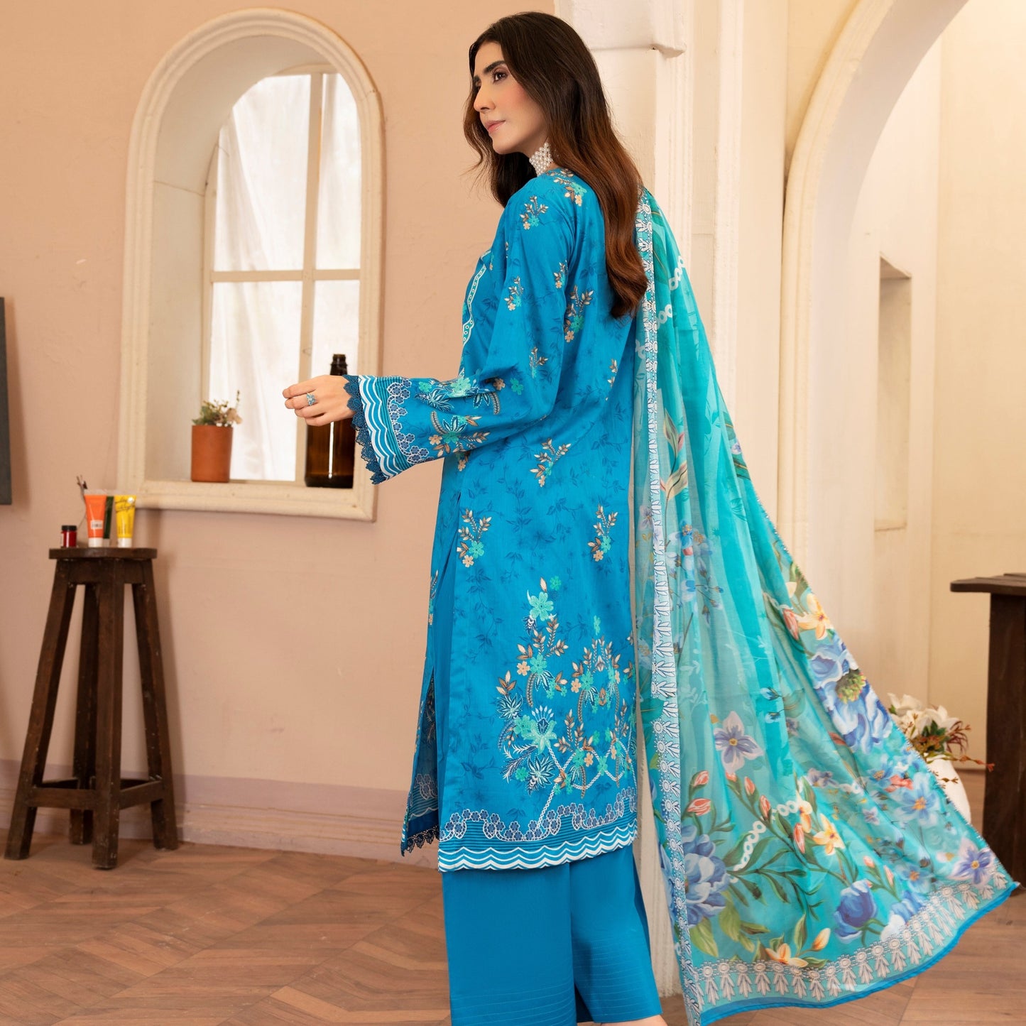 Lala Afreen Summer Lawn 3pc Unstitched Dress – Ferozi Turquoise & Ivory Ethnic Print