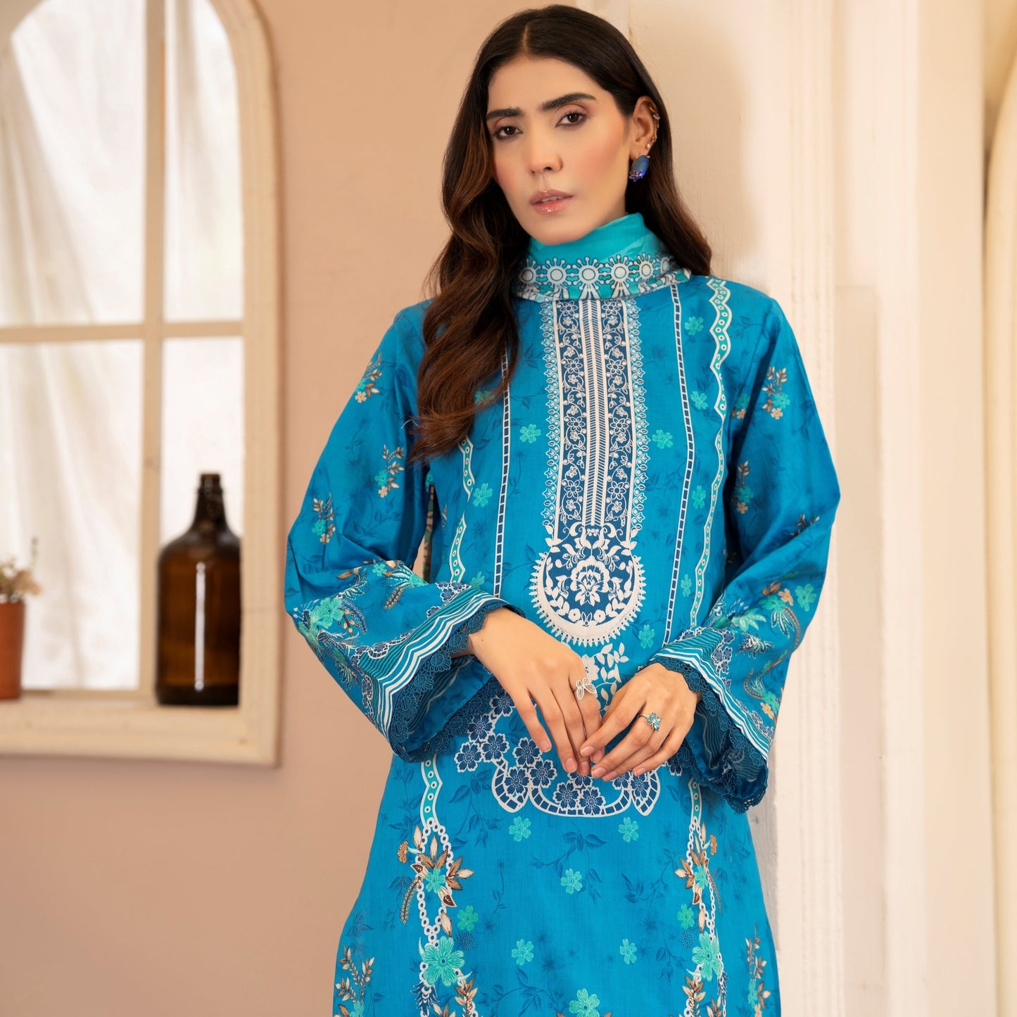 Lala Afreen Summer Lawn 3pc Unstitched Dress – Ferozi Turquoise & Ivory Ethnic Print