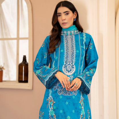 Lala Afreen Summer Lawn 3pc Unstitched Dress – Ferozi Turquoise & Ivory Ethnic Print