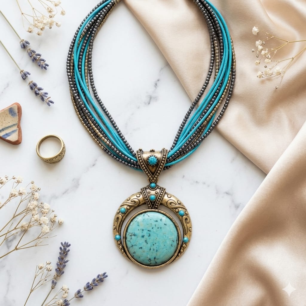 Bohemian Turquoise Crescent Necklace