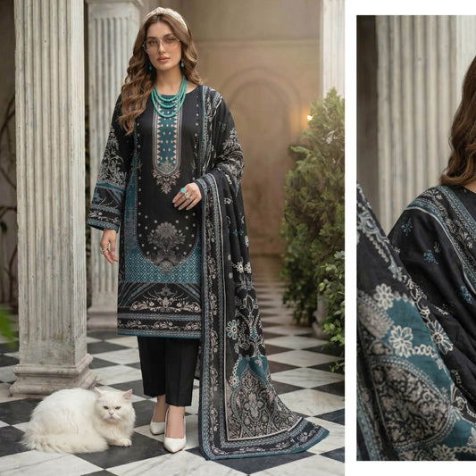 Deep Black & Teal Traditional Unstitched 3-Piece Lawn Dress – Luxury Summer Collection by Lajwana