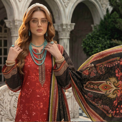 Lajwana Premium Unstitched 3-Piece Lawn Suit – Crimson Red & Charcoal Dupatta