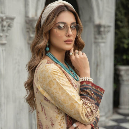 Cream Beige Ethnic Printed Lajwana Premium Summer Lawn 3pc Unstitched Dress