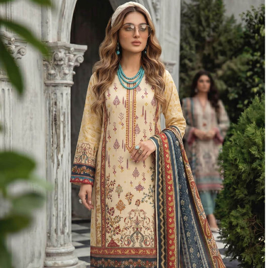 Cream Beige Ethnic Printed Lajwana Premium Summer Lawn 3pc Unstitched Dress