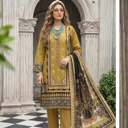 Lajwana Premium Summer Lawn 3pc Unstitched Dress – Mustard Gold & Black Mughal Print