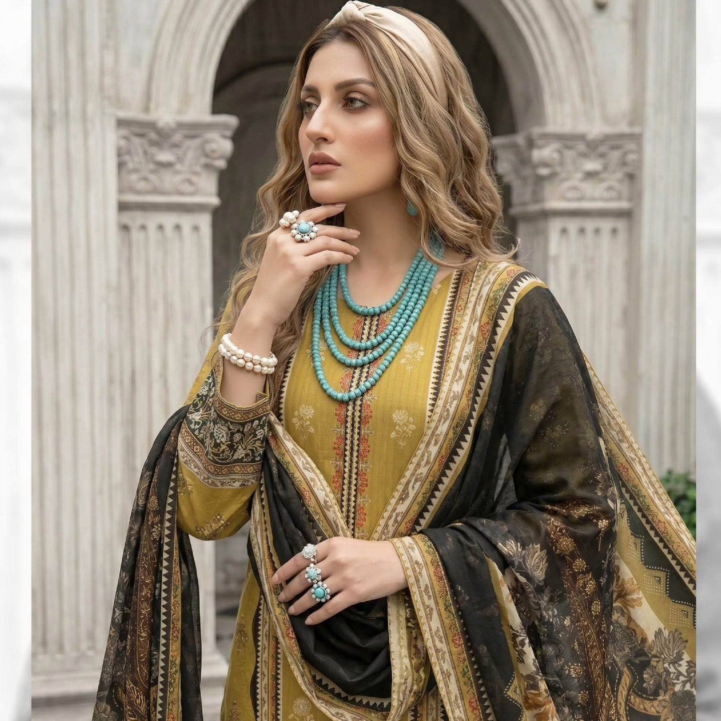 Lajwana Premium Summer Lawn 3pc Unstitched Dress – Mustard Gold & Black Mughal Print