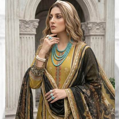 Lajwana Premium Summer Lawn 3pc Unstitched Dress – Mustard Gold & Black Mughal Print